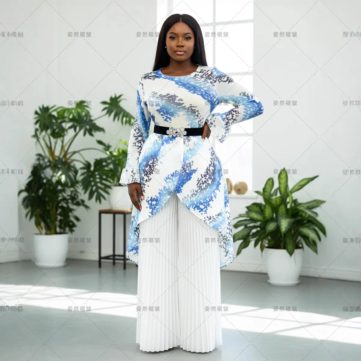 

Женский костюм для Ид, топ, прямые брюки, мусульманский комплект из 2 предметов, топ с поясом и складками, ансамбль с принтом, марокко, брюки в Дубае, наряды для Рамадана