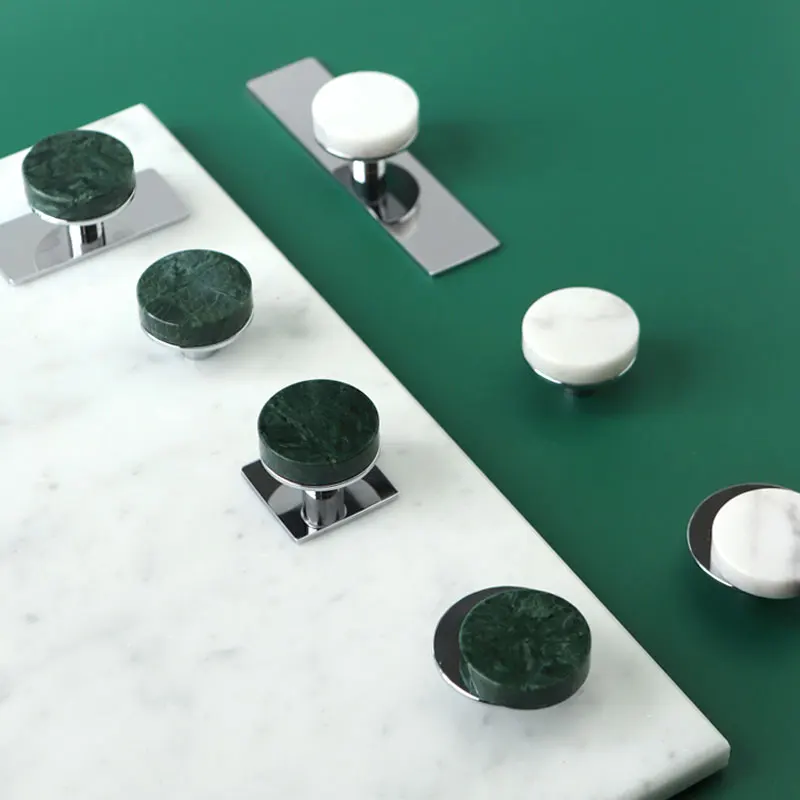 

Solid Brass + Natural White Marble Cabinet Handles with Backplate Bright Chrome Green Stone Drawer Knobs Wardrobe Closet Pulls
