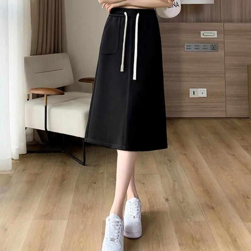 

Black Fashion Loose Women's Clothing Casual Solid Skirts Lacing Drawstring Elastic Waist Straight Vintage Young Style Streetwear