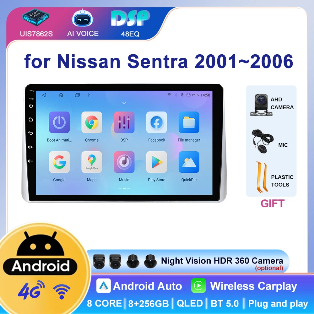 Touch Screen 10 Inch 2 Din Android Auto Stereo Player GPS Navigation DSP USB Compatible Radio for Nissan Sentra N16 2001~2006