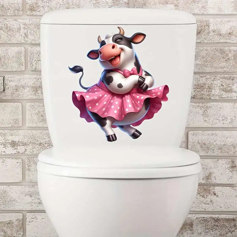 

Cute Cow In Skirt Toilet Sticker - Fun Animal Print Self-Adhesive Bathroom Decor For Ceramic Surfaces, Toilet Lid Decals M1213