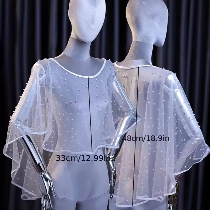 Pearl Beaded Wedding Shawl Sheer Tulle Jewel Collar Short Front Long Back Women Dress Accessory