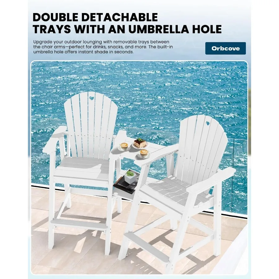 مجموعة كراسي آديرونداك طويلة مكونة من 2 مقاعد بار خارجية متينة HDPE مع صينية توصيل مزدوجة وأثاث فناء مقاوم للطقس لـ Poo