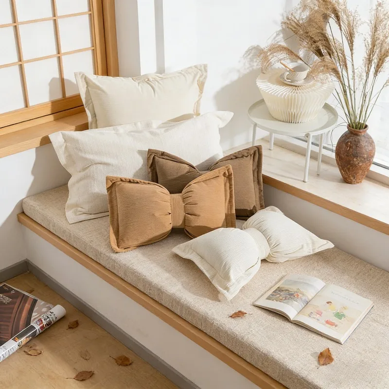 Luxury French Princess Style Corduroy Bow Pillowcase Pressed Edge Cushion Cover for Sofa Bedroom Home Decor Ins High End Decor