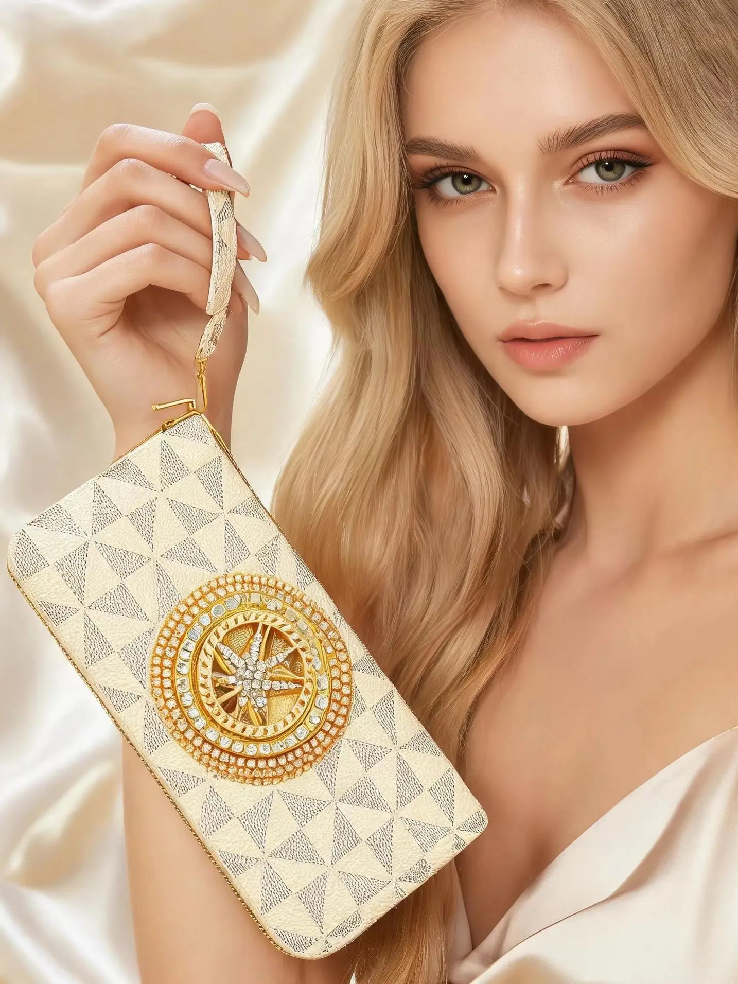 New Cross-Border Pu Vintage-Style Handmade Rhinestone Women's Long Wallet, Rotatable Maple Leaf Clutch Bag, Gold Zipper Wristlet Coin Purse, Large Capacity Multi-Card Slot Phone Bag, Party Evening Bag