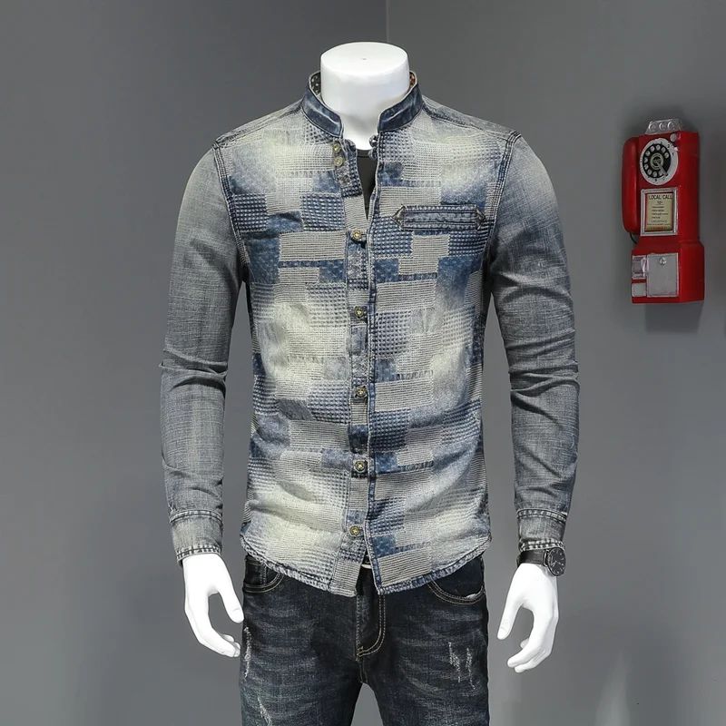 

Retro Denim Shirt Men's Stylish Long Sleeve Stand Collar Button up High Design Trendy Cotton Spring Autumn Wear for Youth