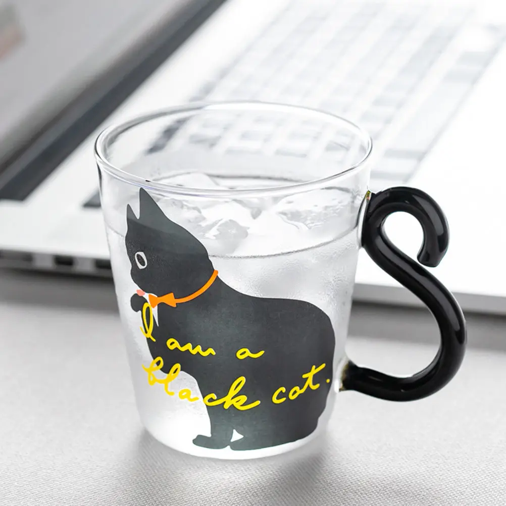 250ML Transparent Glass Japanese style Cat Cup Personality Milk Cup Heat-resistant with Handle for Coffee Tea Wine (Black) - Detail 1