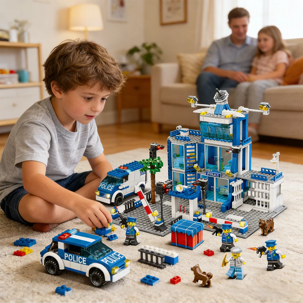 Bloques de Construcción DIY para Niños, Estación de Policía, Centro de Comando, Juguetes Educativos