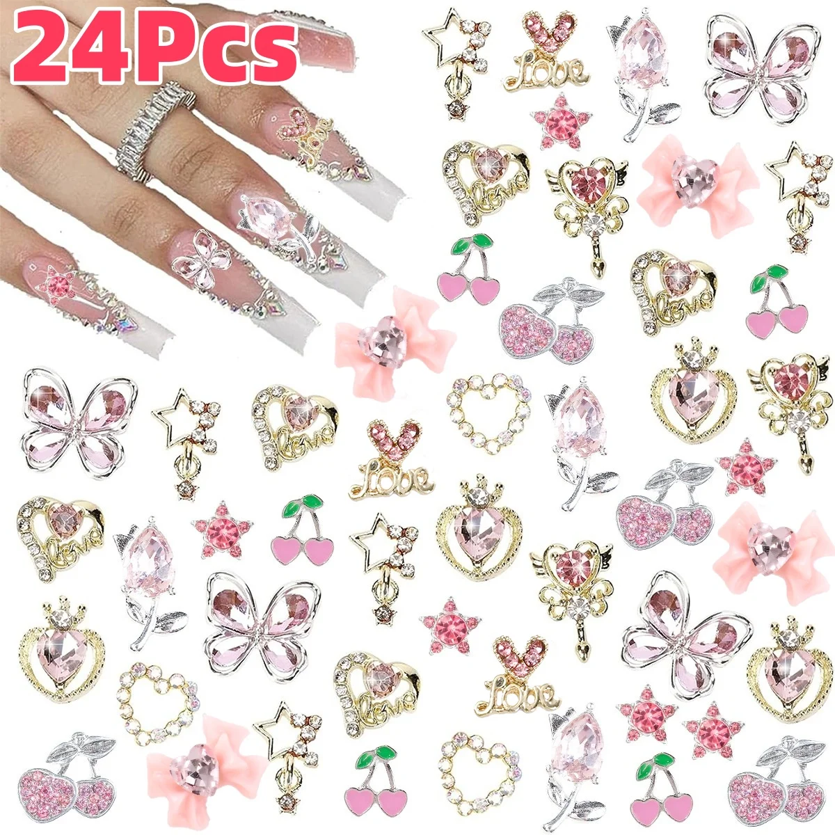 

24Pcs 3D Heart/Star/Bow/Cherry Nail Art Charms Alloy Hollow Butterfly/Love 12-Shapes Nail Rhinestones Y2K Manicure Decorations &