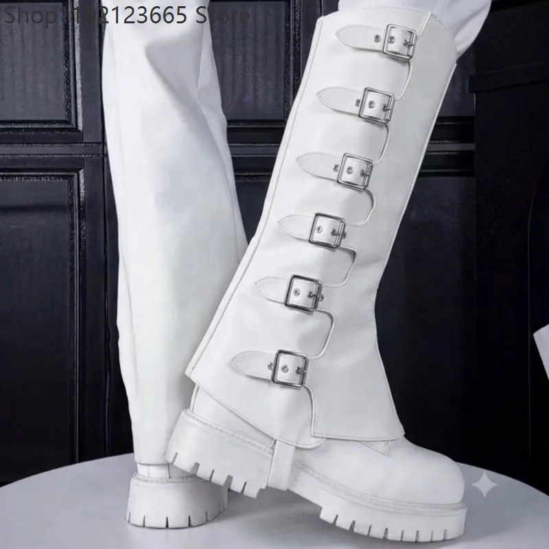 White Faux Leather Multi Buckle Boot Covers Gothic Knee High Shoe Spats Punk Cosplay Accessory Halloween Carnival Costume Prop
