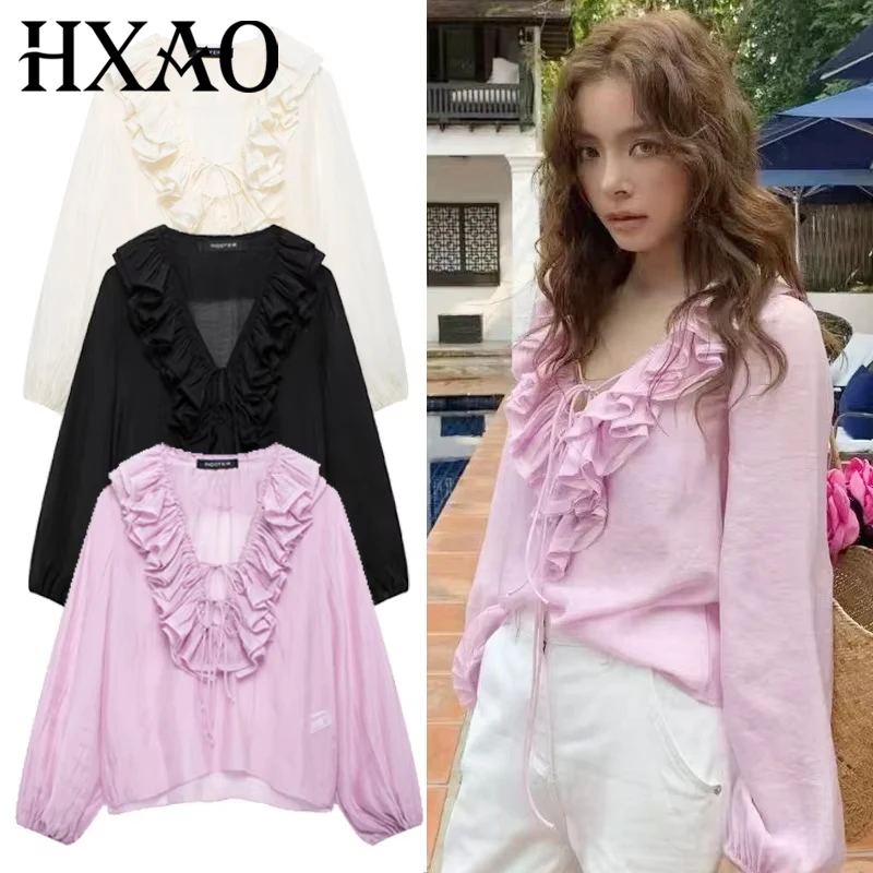 

HXAO Woman 2025 Oversized Frill Blouse Spring Shirts & Blouses See-Through Chiffon Long Sleeve Top Layered Plus Size Shirts 066