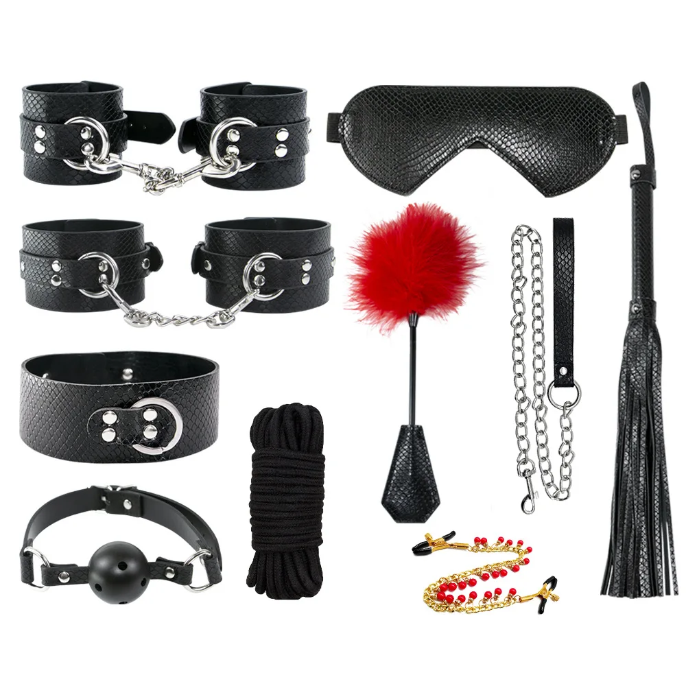 Ensemble d'entraînement en cuir PU pour flirter, bondage, fessée, menottes, pieds, fouet, collier, masque pour les yeux, chatouiller, tirer, UL, continents, clip, 10 pièces