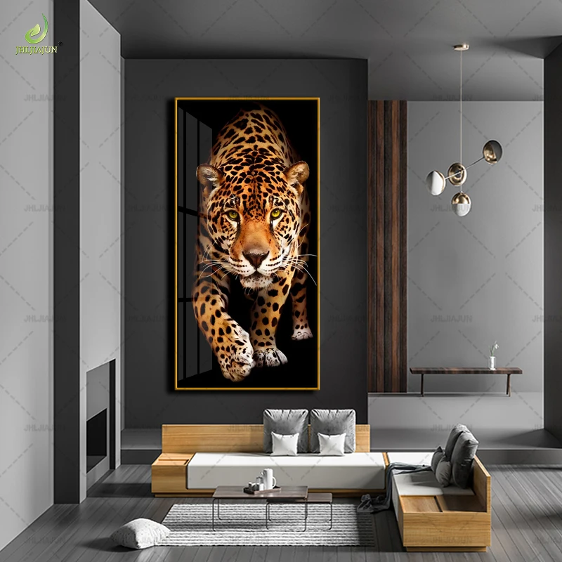 New high-end leopard animal graphic living room crystal porcelain mural home decoration LED wall art