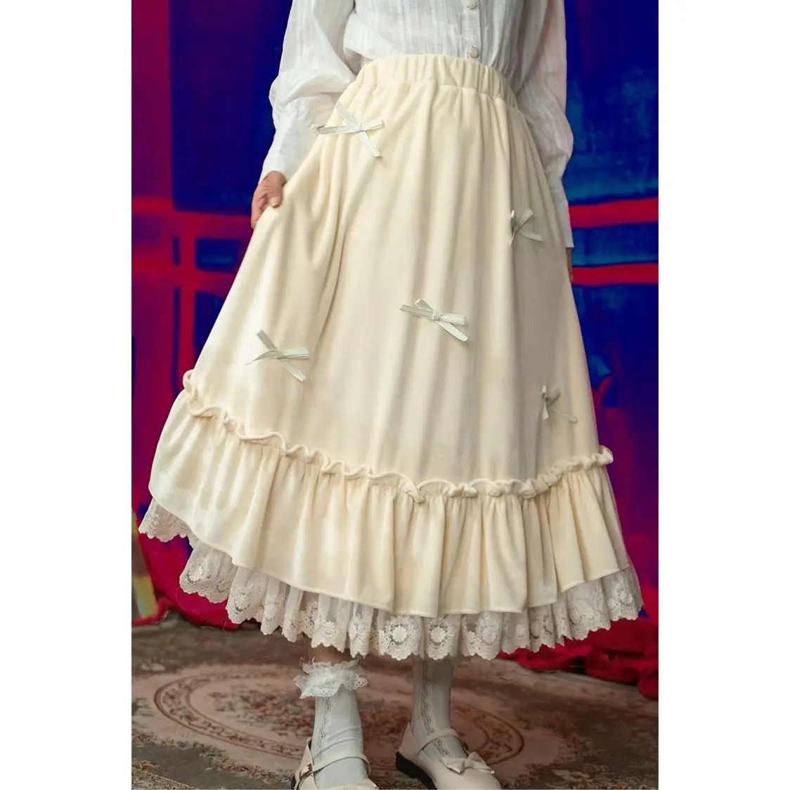 Japanese Cute A-Line Maxi Skirt for Women, High Waist Elastic Waist Skirt with Bow & Lace Trim Lolita Girls Preppy Student Girls