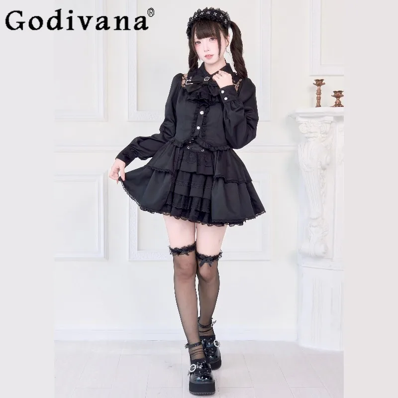 

Japanese Subculture Original Gothic Dress Women's Lace Black White Red Purple Shirt Dress Female Mass Produced Sweet Dress