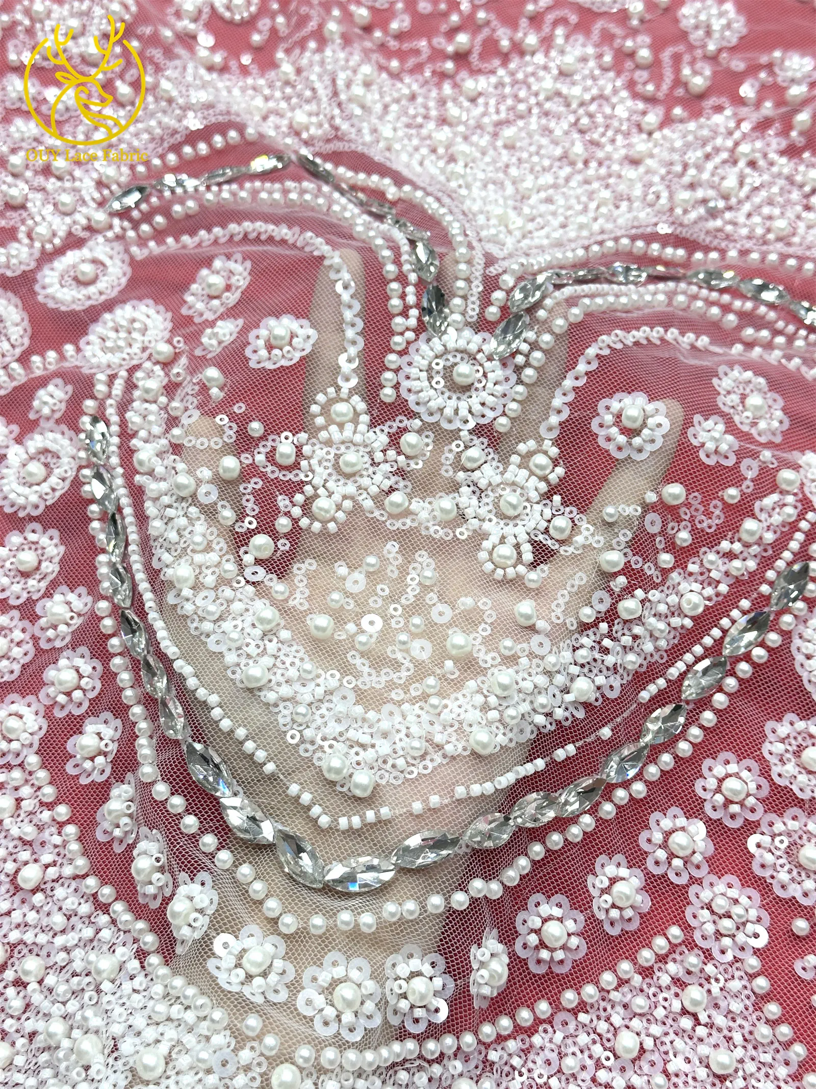 Luxuriöser königlicher lila afrikanischer handgefertigter Perlen-Spitzenstoff, französischer Pailletten-Stein-Tüll-Spitzenstoff für Hochzeitskleid-Design – Detail 12