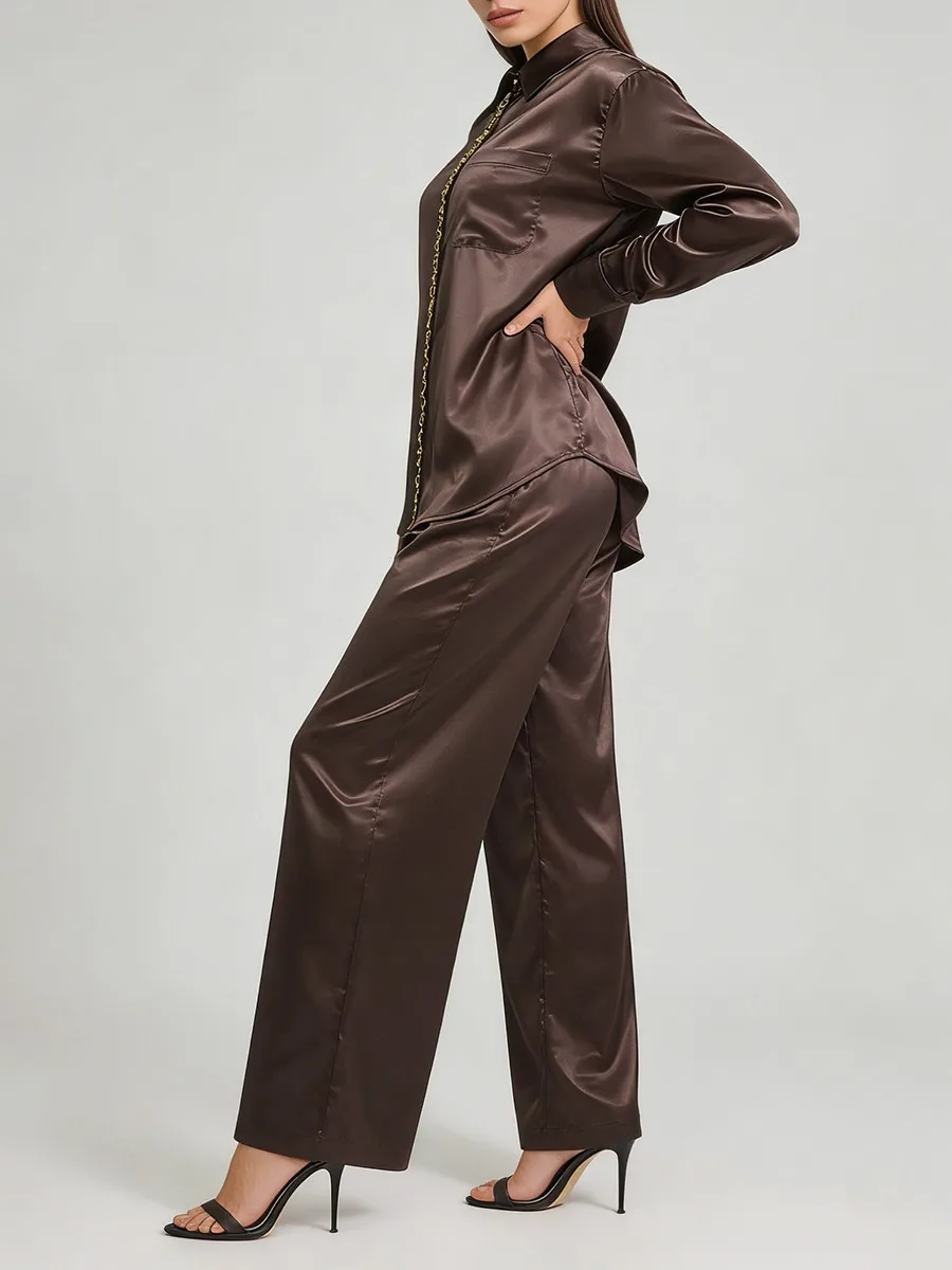 TWOTWINSTYLE, conjuntos básicos sólidos de dos piezas para mujer, solapa, manga larga, camisa con cadena de Metal empalmado, pantalón de cintura alta, conjunto informal para mujer