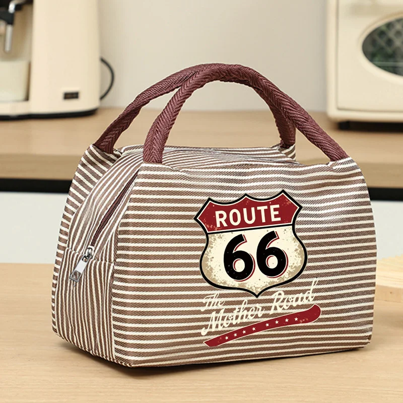 Vintage Route 66 Printed Striped Handbag, Featuring Black and White Stripes Paired with a Distressed Road Sign Print Tote Bag