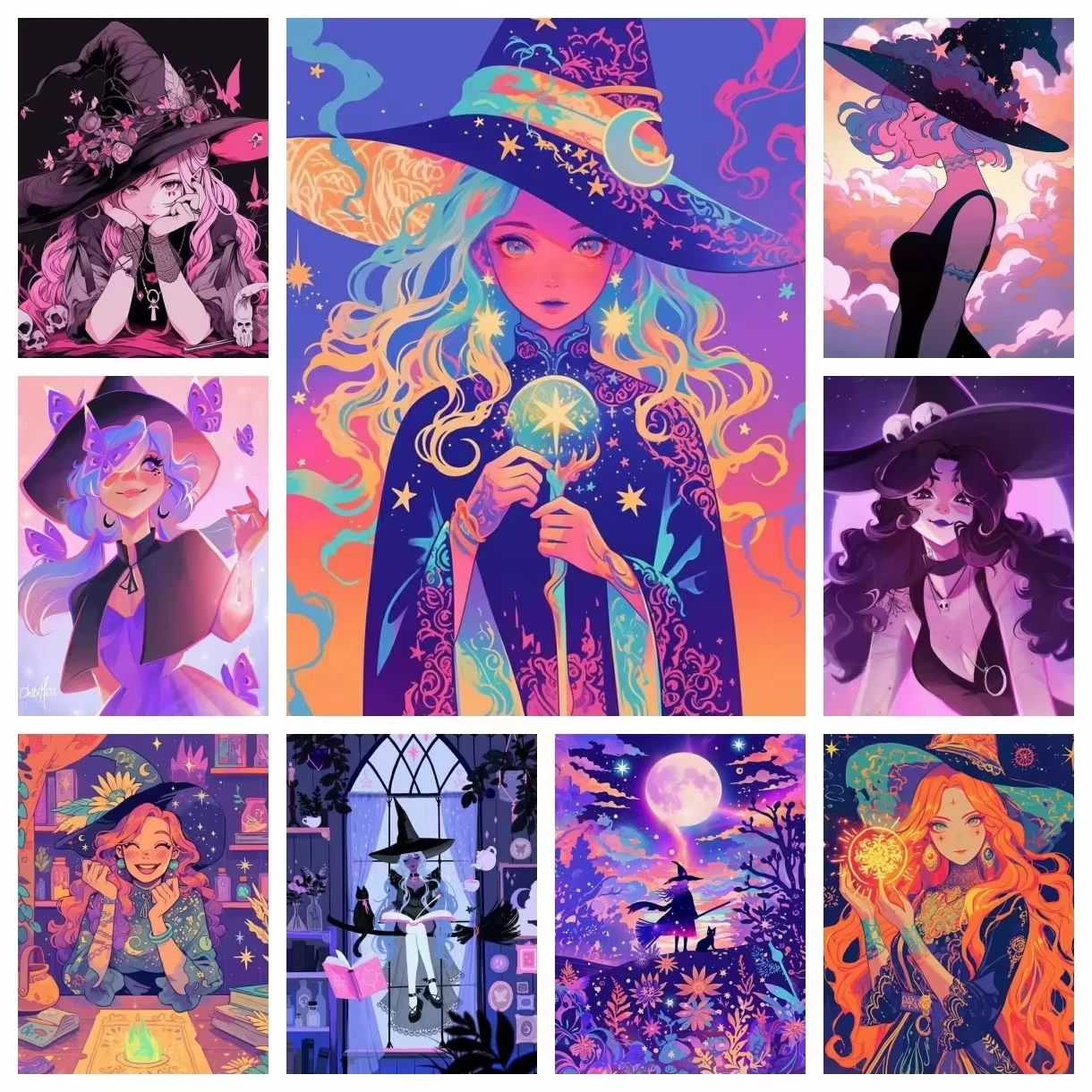 Colorful Witch Digital Oil Painting By Numbers on Canvas Home Decor for Living Room Or Bedroom Handmade DIY Gift
