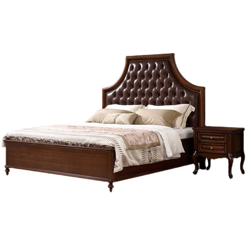 

American all solid wood leather bed, simple retro high end double bed