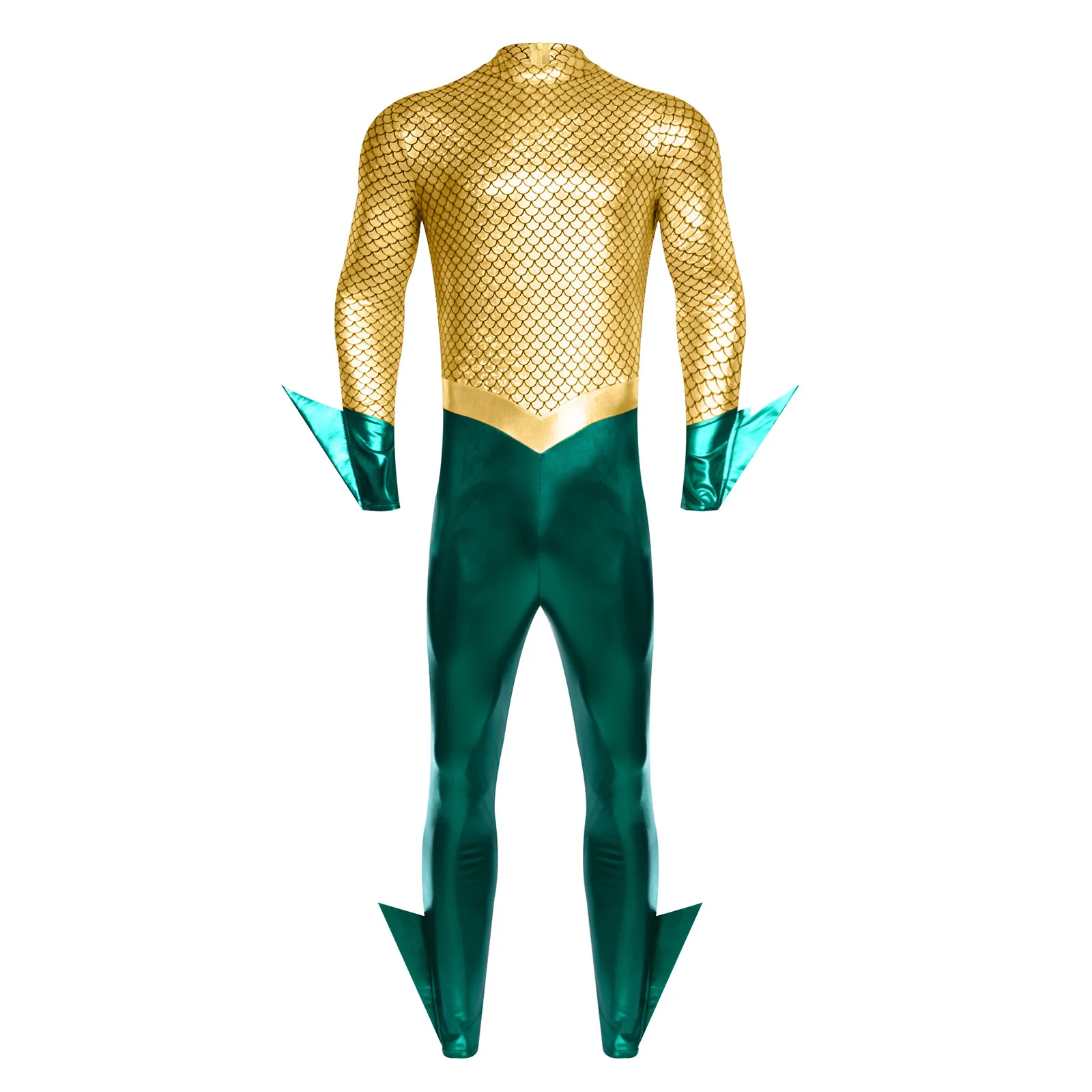 Men Halloween Theme Party Movie Aquaman King of The Sea Cosplay Costume Long Sleeve Metallic Shiny Fish Scale Print Jumpsuit view 2
