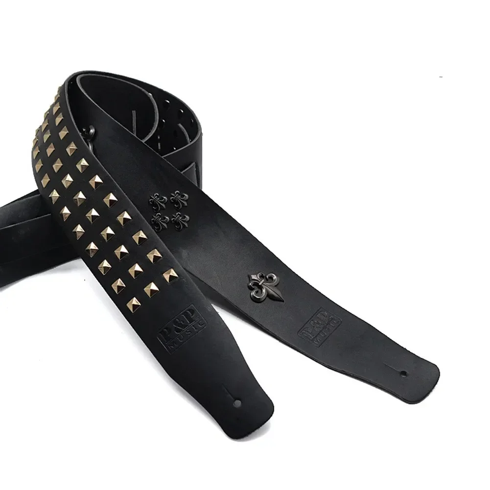 Leather Guitar Strap Leather Rivets Black Widened PUNK Hard Rock Metal Nail Rivets Adjustable Heavy Duty Leather Guitar Strap