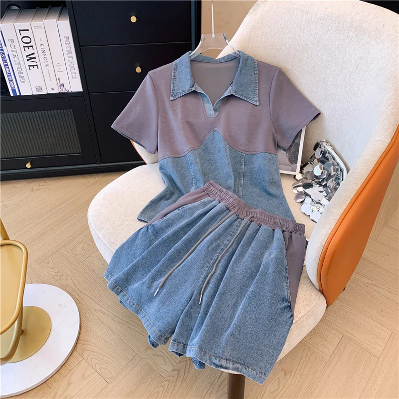 Summer Casual Women Colorblock Denim Patch V Neck Short Sleeve Ctop Top & Drawstring Shorts Set Two Pieces Suit Set Outfits CHIC