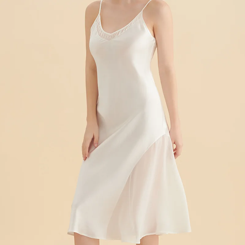 100% Mulberry Silk Midi Dress Women Summer Sleepwear Sexy Long Nightdress Solid Color Sling Home Dress Nightgown Nightwear 2024