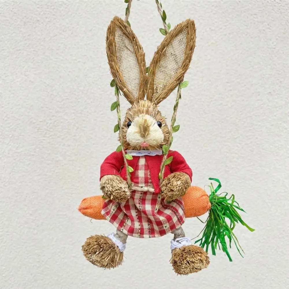 35cm Easter Bunny Hanging Figurine Rural Style Cartoon Carrot Swing Forest Theme Handmade Hanging Rabbit Statue Festival Party