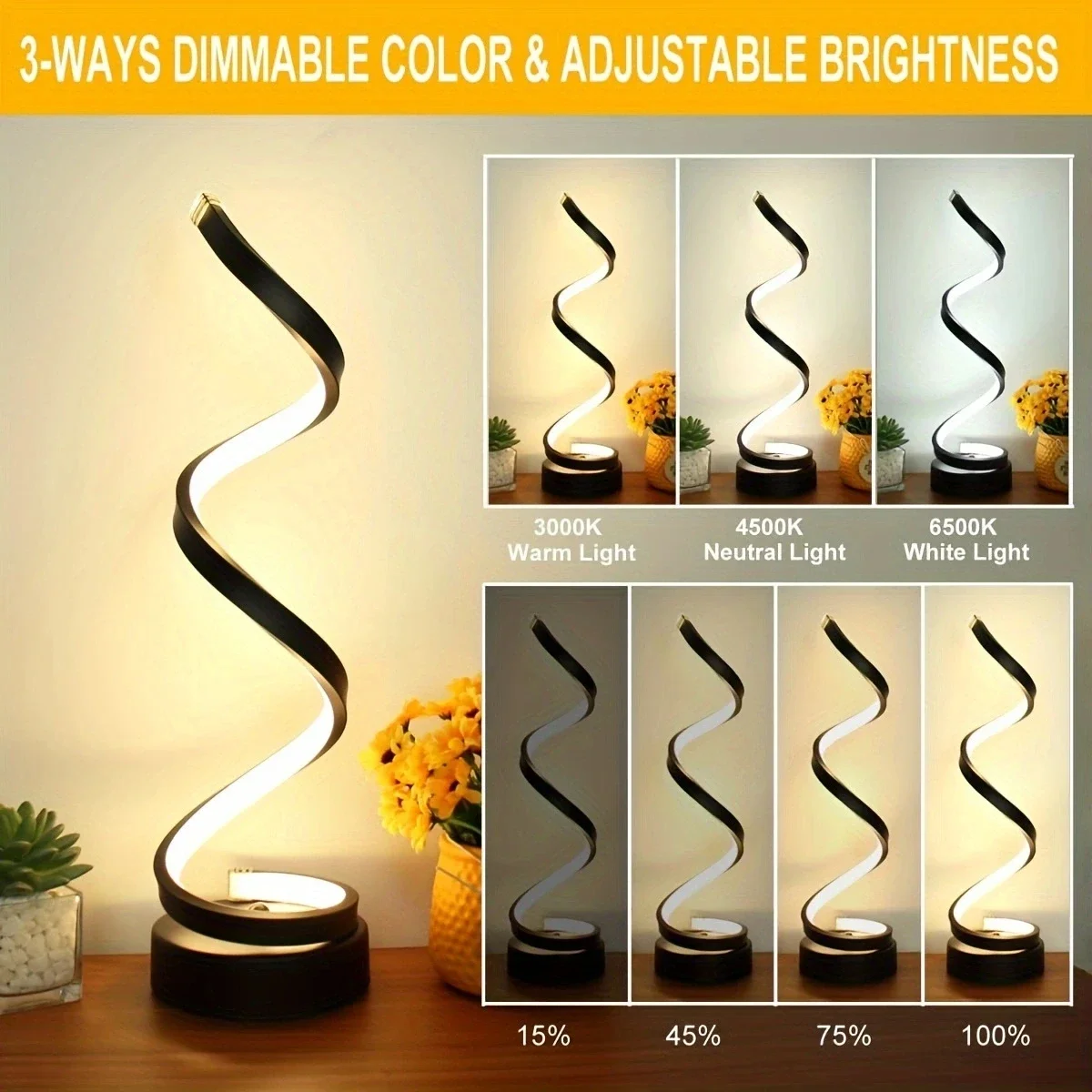 Table Lamp for Bedroom - Bedside Lamps for Nightstand, Modern Spiral Dimmable LED Table Lamp for Living Room Bedroom Office