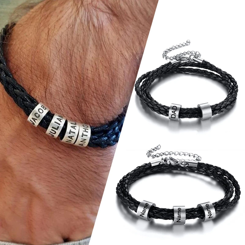 Personalized Mens Leather Bracelet with Custom Beads Braid Black Name Charm Bracelet for Men with Family Names