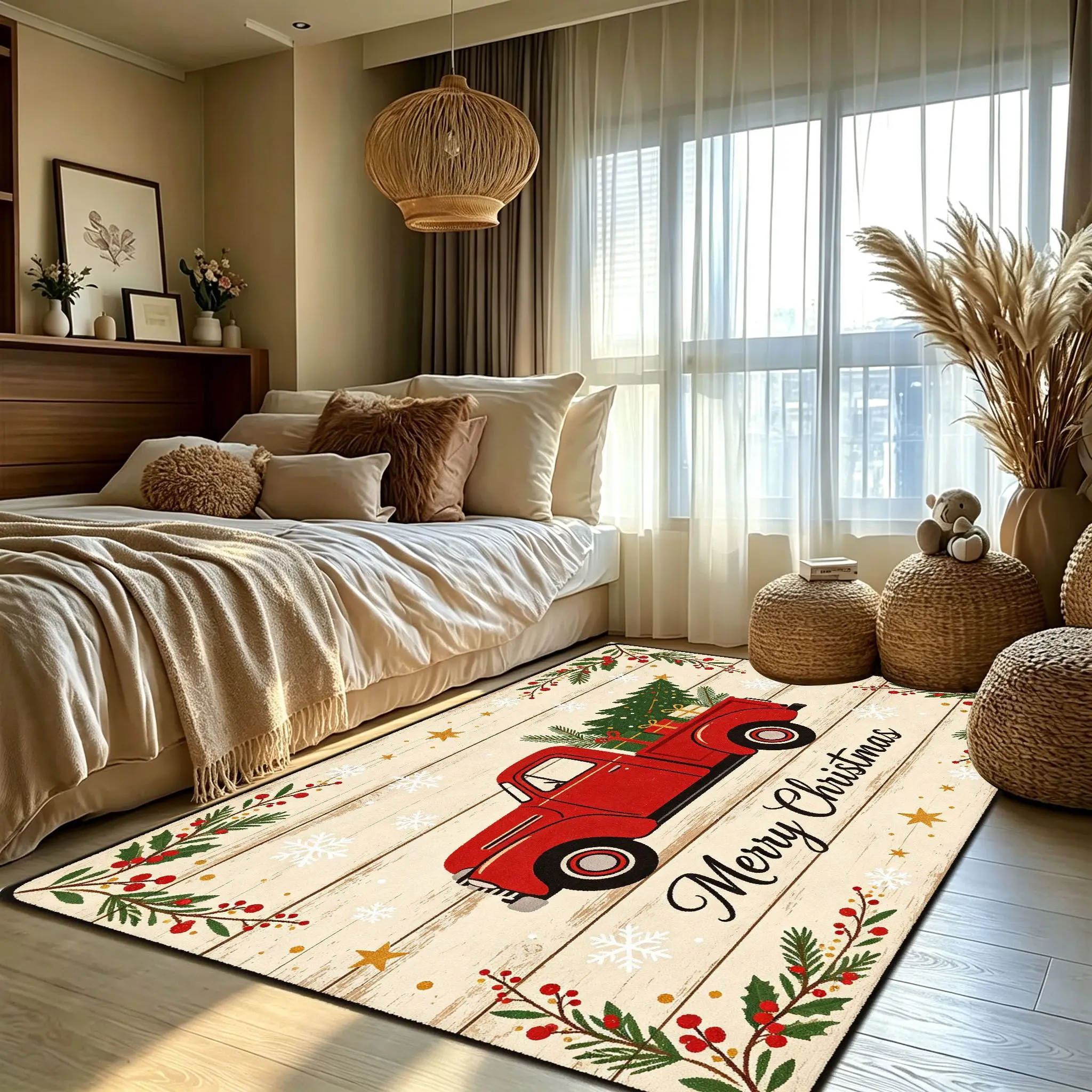 1pc Christmas Red Truck Area Rug, Farm Truck Pattern, Soft Non Slip Mat, Machine Washable, Jumbo Rectangular for Living Room