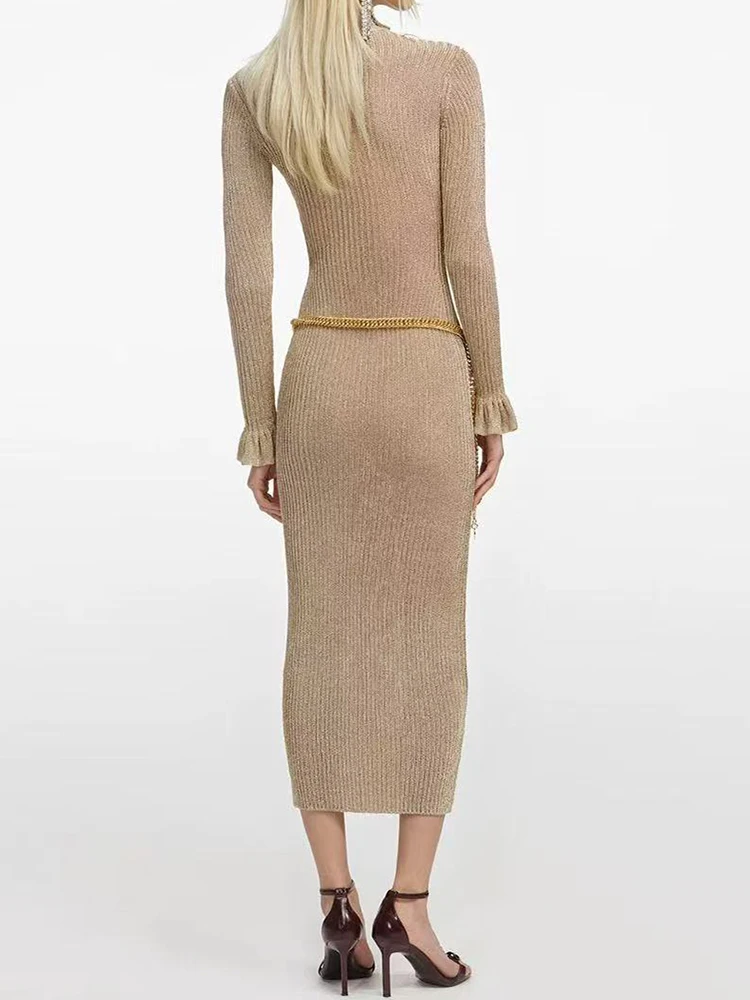 الخريف الشتاء أزياء الخصر سلسلة تصميم طويل الأكمام Bodycon اللباس المرأة أنيقة تمتد ضئيلة رداء Ladie