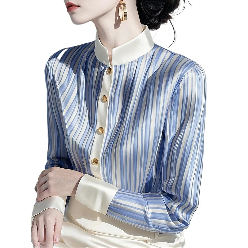 

Женская рубашка в синюю полоску 2026: Супермодный весенне-осенний французский топ класса люкс, омолаживающий, в иностранном стиле, с контрастными вставками