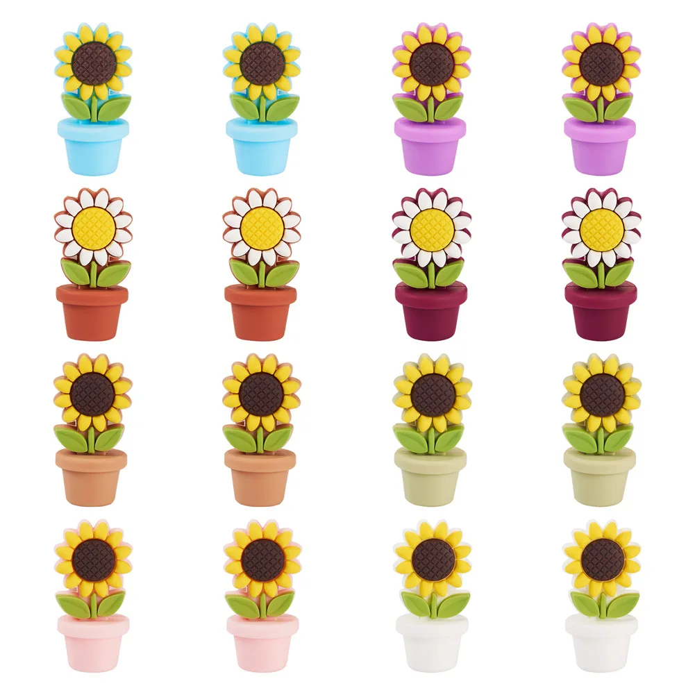 20Pc Sunflower Flowerpot Silicone Focal Bead Flower Loose Spacer Bead for DIY Craft Garland Pen Keychain Necklace Jewelry Making