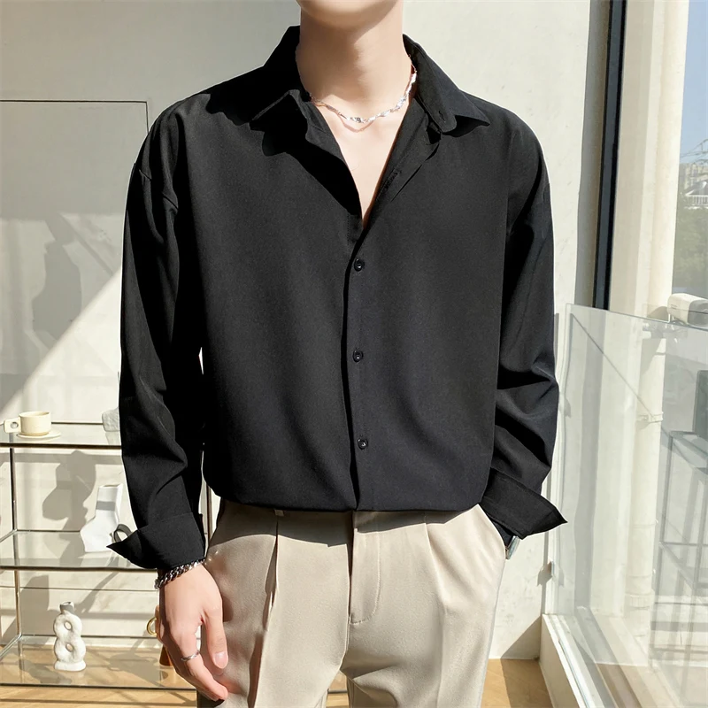 

New Men's Ice Silk Korean Version of Hong Kong Wind System Loose Large Size Non-ironing Anti-wrinkle Long Sleeve Inch Shirt