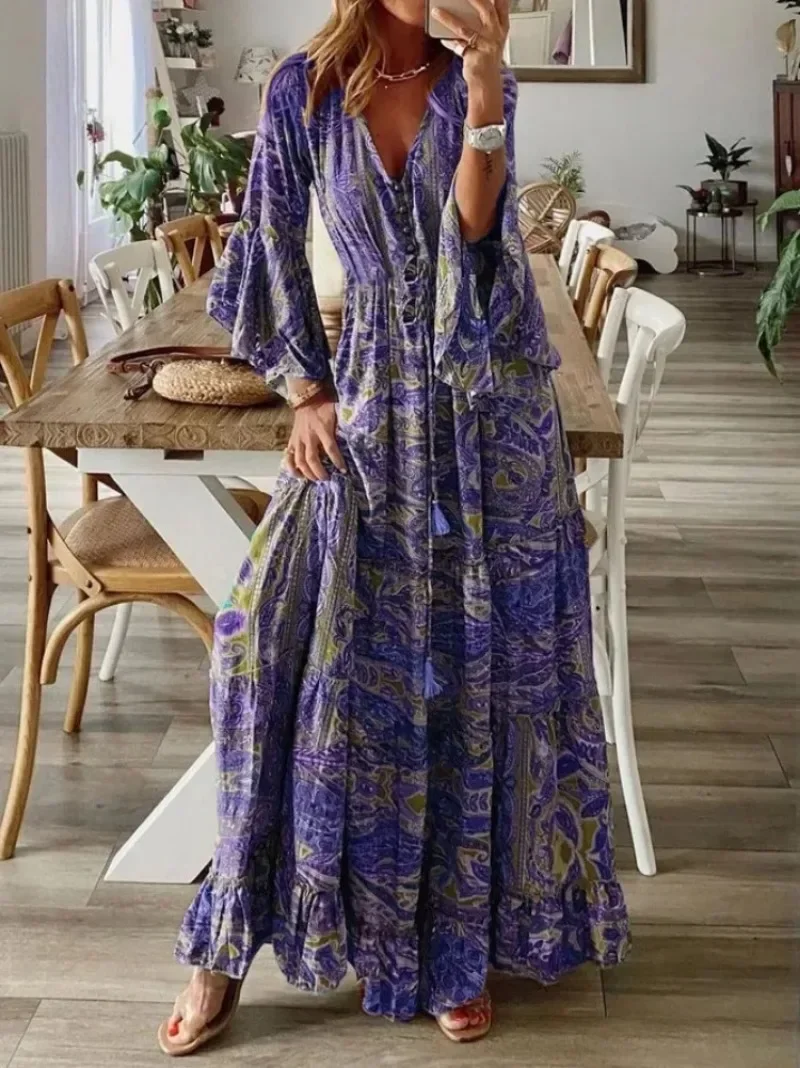 Kobiety lato na co dzień z kwiatowym nadrukiem seksowna sukienka z długim rękawem Boho Hippie Chic kostiumy kąpielowe sukienka Cottagecore sukienki Maxi dla kobiet