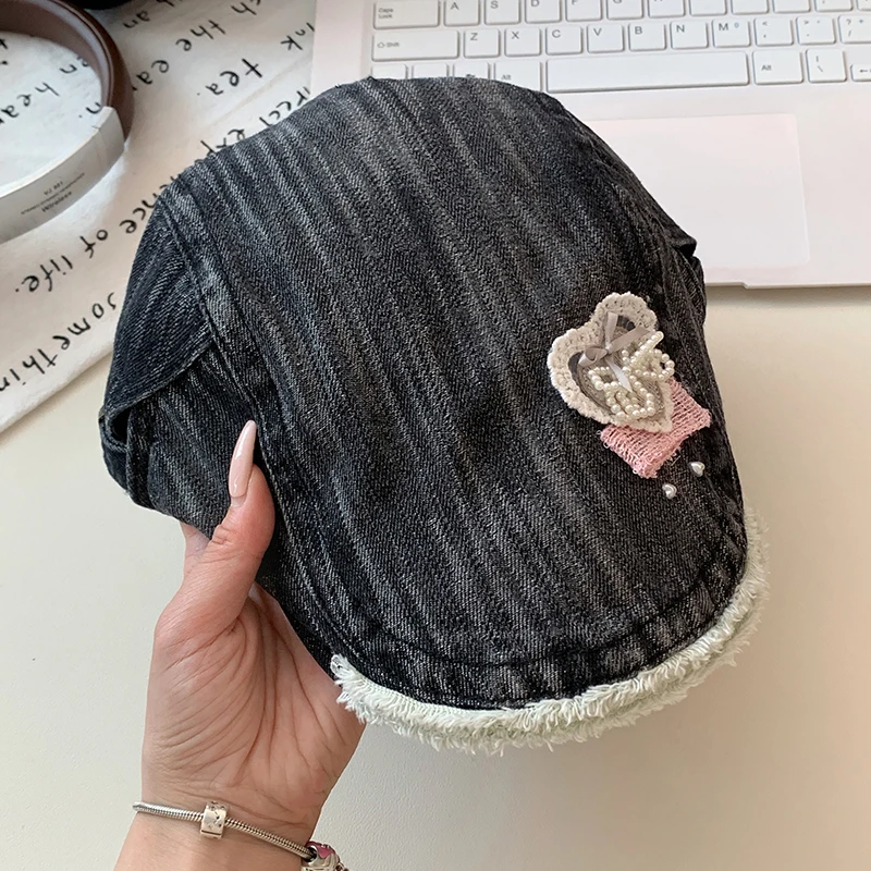 اليابانية الحلو اللؤلؤ القوس تصميم غسلها الدنيم إلى الأمام قبعة المرأة الصيف تنفس تنوعا ظلة شقة أعلى بلغت ذروتها قبعة #5