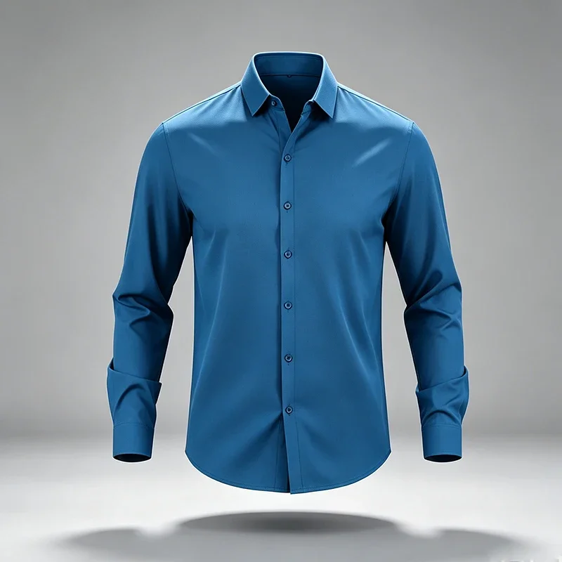 Youth Business Long Sleeve Shirt For Males Collared Button Up Stretch Wrinkle Resistant Cloth Travel Friendly Work Top