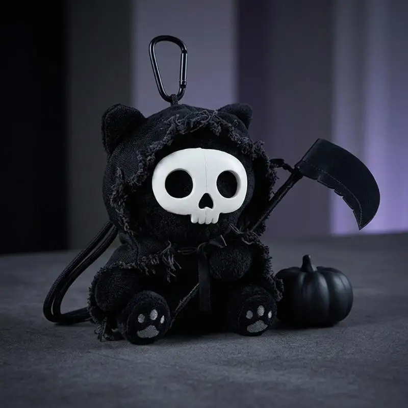 Grim Reaper Skull Cat Plush Keychain Creative Dark Style Scythe Cat Doll Pendant for Backpack Decor Gifts