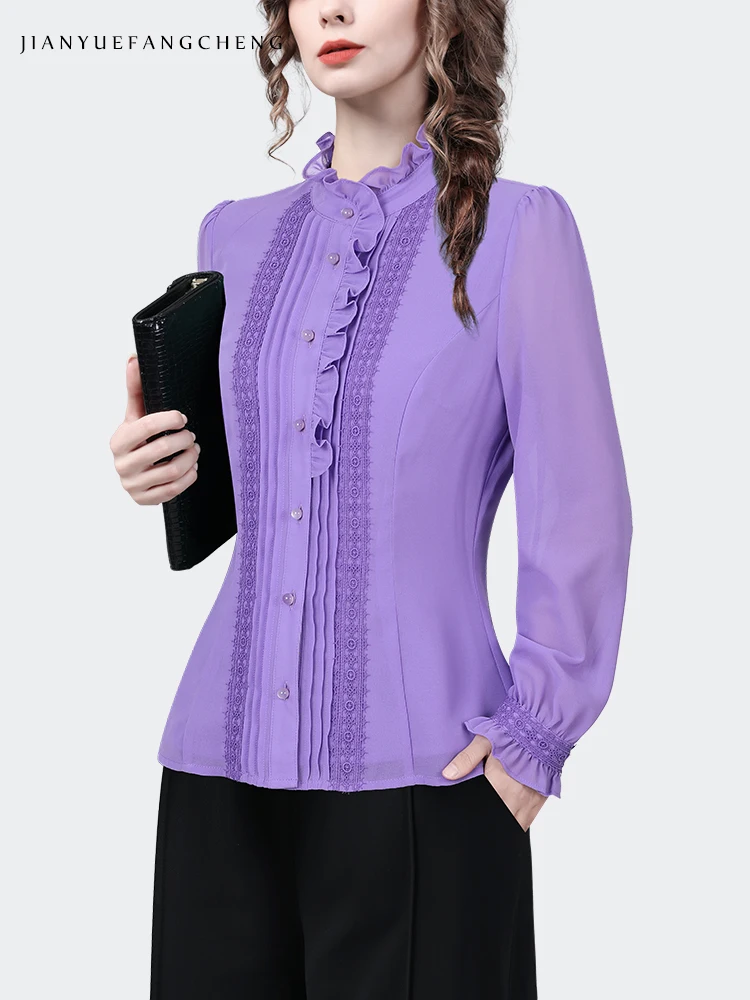 2024 Spring New Women Purple Ruffles Blouse Long Sleeve Lace Top Elegant Slim Office Ladies Work Casual Shirts