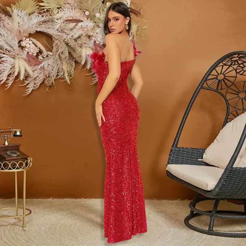 Women Luxury Feathers Sequins Bodycon Maxi Evening Party Dress One Shoulder Sleeveless Ruched Slim Birthday Long Robe Clubwear