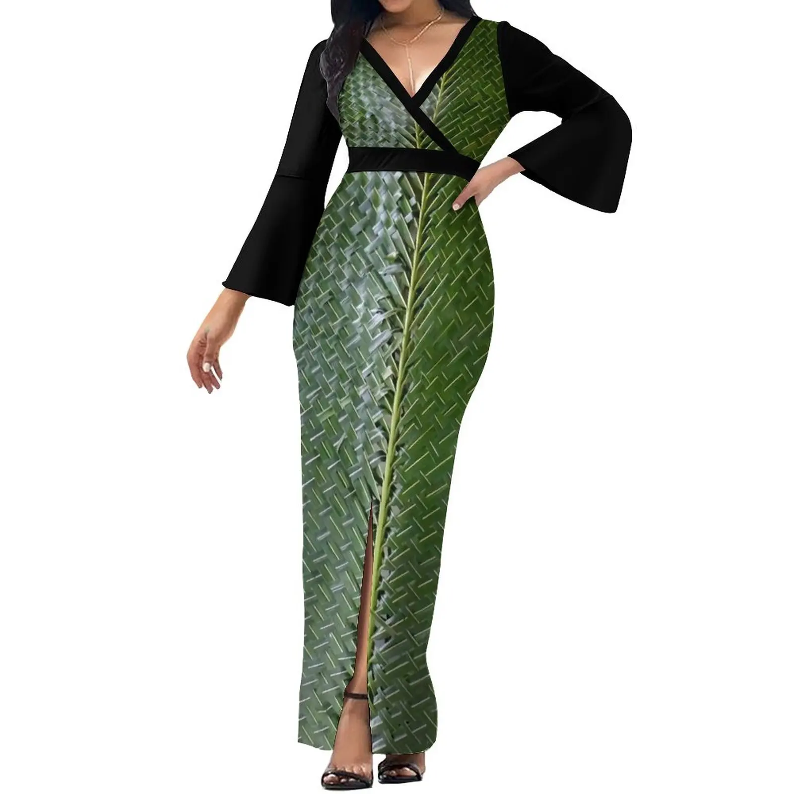 Women's Dresses Long Dresses Summer V Neck Flared Sleeve Dresses Polynesian Flowy Long Tribal Design Samoa Dresses