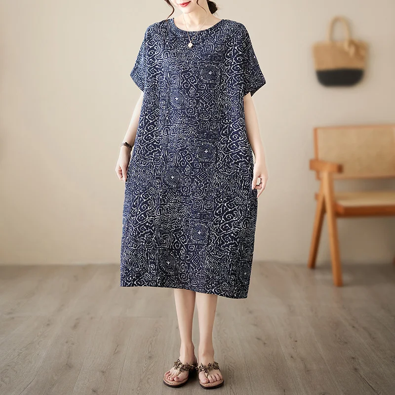 #3438 Retro Cotton And Linen Dress Women Pockets Loose Midi Dress Female Short Sleeve O-neck Vintage Long T-shirt Dresses Ladies