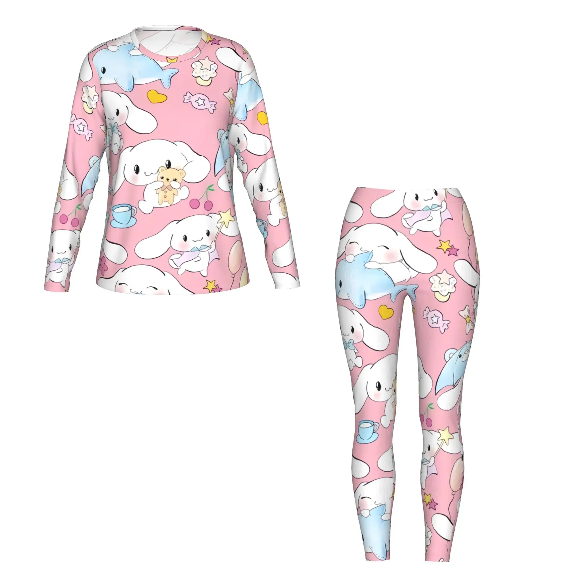 cinnamoroll, комплект из 2 предметов, женская футболка с длинными рукавами и леггинсами с милым принтом, подходит для домашних путешествий, фитнеса и т. д.