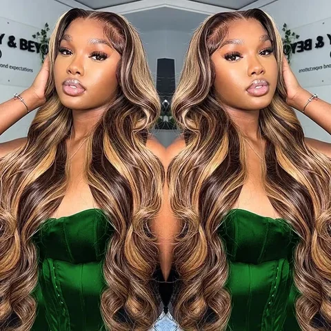 Peruvian 32 34 Inch P4/27 Highlight 250% Density 13x4 HD Lace Front Human Hair Wigs Body Wave Honey Blonde Glueless Frontal Wig
