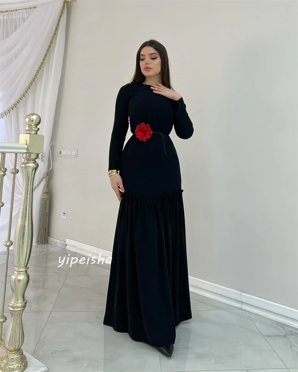 Customized Jersey Flower Draped Pocket Party A-line O-Neck Bespoke Occasion Gown Long Dresses Saudi Arabia Evening