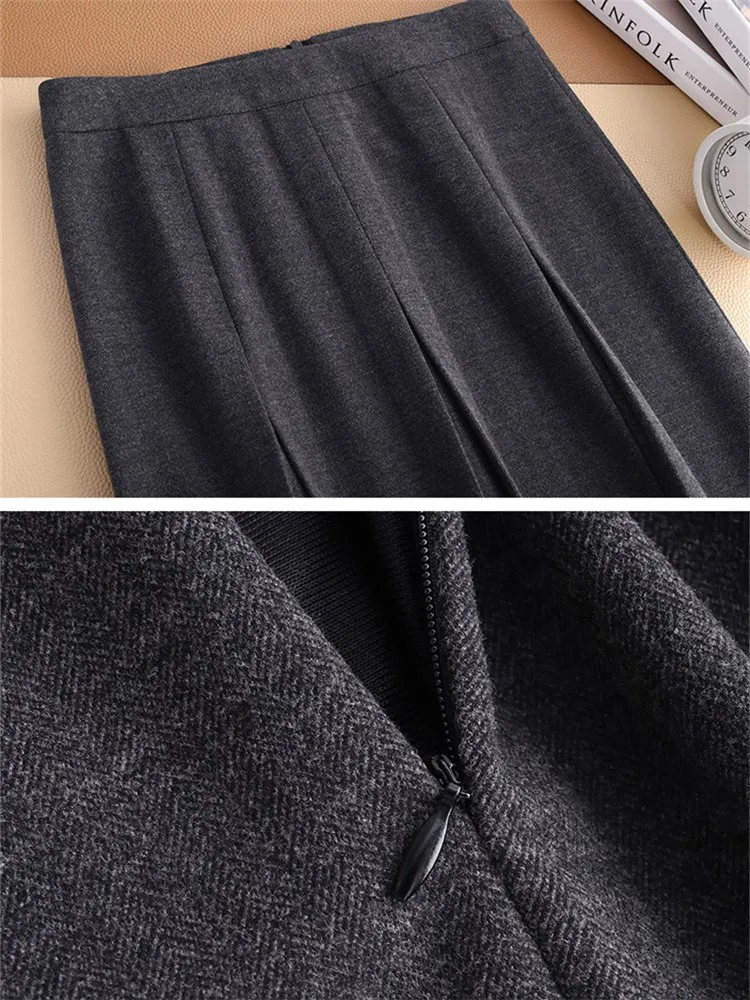 여성용 우아한 블랙 모직 플리츠 스커트, 두꺼운 지퍼, 하이 웨이스트 슬림, 캐주얼 오피스 레이디 정장, 롱 스커트 6782, 가을 겨울