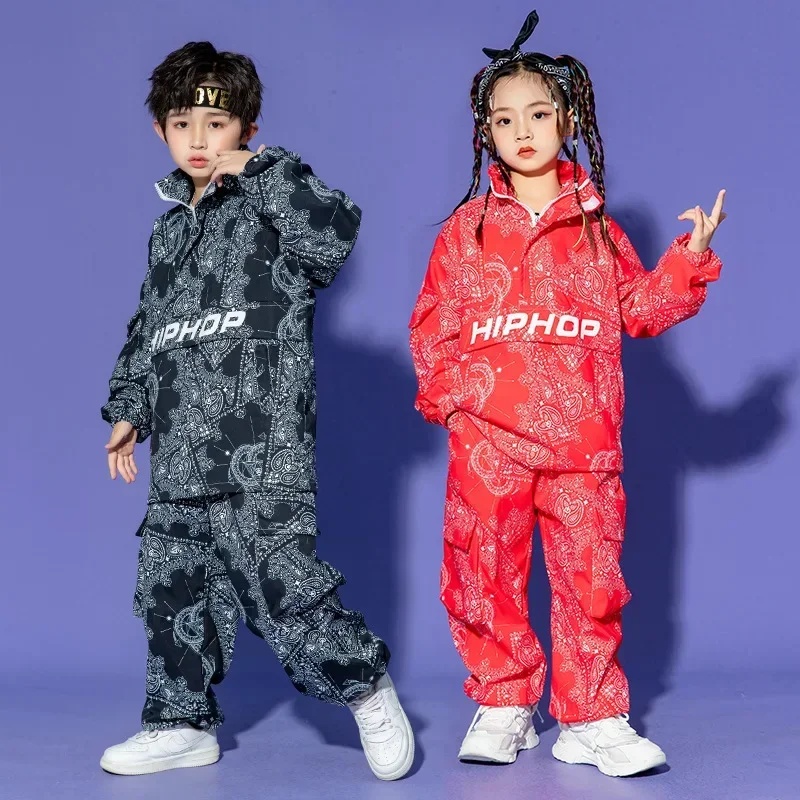 Boy Hip Hop Paisley Sweatshirt Cargo Pants Clothes Sets Girls High Collar Top Joggers Child Street Dance Kids Streetwear Costume