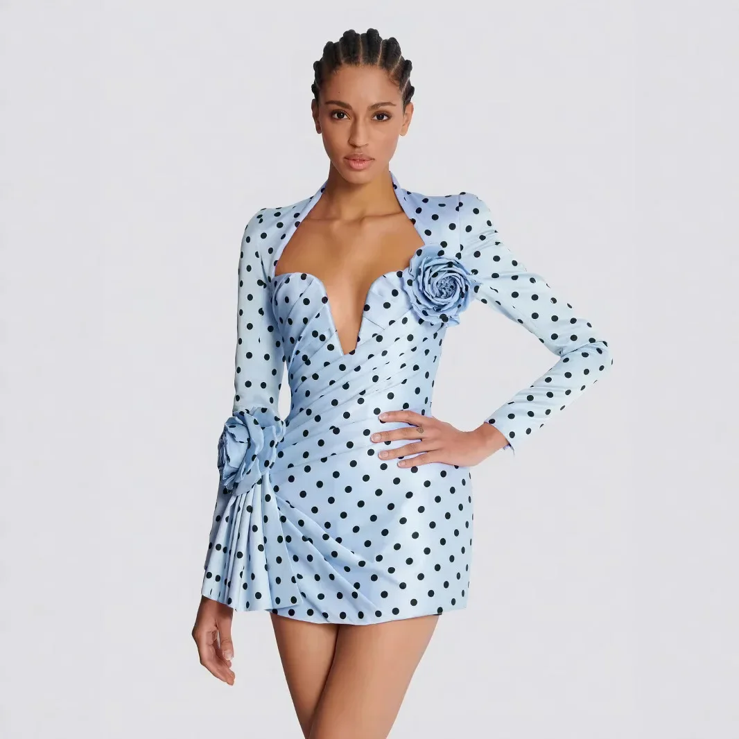 Elegant Women's Evening Gown Deep V-neck Dot 3D Flower Pleated Waist-cinching Slimming Formal Dress High-End